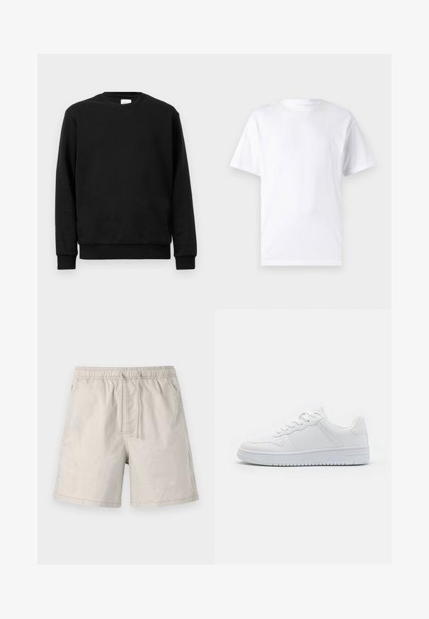 Sudadera negra hecha de una mezcla de algodón; cuenta con un cuello redondo, mangas largas y puños y dobladillo acanalados para un ajuste ceñido.; Camiseta blanca de manga corta hecha de algodón con cuello redondo, que presenta una textura suave y un diseño simple sin patrones ni acentos.; Pantalones cortos beiges hechos de una tela ligera, con cinturilla elástica, cordón y bolsillos laterales con costuras en contraste.; Zapatillas blancas hechas de material sintético liso, con cordones planos, puntera perforada y suela de goma con un patrón de agarre texturizado.