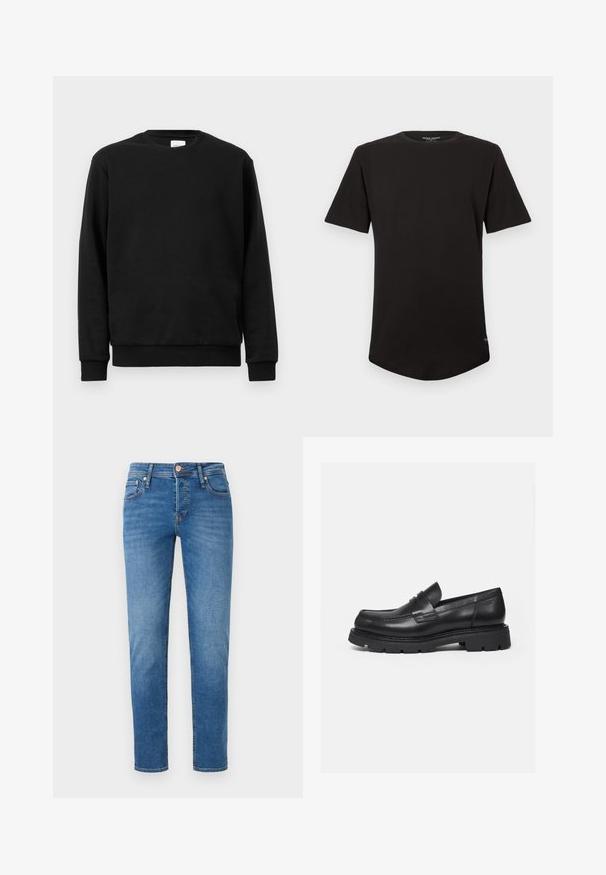 Μαύρη φ sweatshirt κατασκευασμένη από μίγμα βαμβακιού; διαθέτει στρογγυλή λαιμόκοψη, μακριά μανίκια και ριμπ λάστιχα στους καρπούς και στο στρίφωμα για εφαρμογή που αγκαλιάζει.; Μαύρο κοντομάνικο μπλουζάκι με στρογγυλή λαιμόκοψη, με καμπυλωτό στρίφωμα και μικρή ετικέτα λογότυπου κοντά στη κάτω πλευρά του ραψίματος.; Μπλε τζιν παντελόνι με στενή γραμμή, πέντε τσέπες, μπροστινό κούμπωμα και διακριτική φθορά στους μηρούς και τα γόνατα.; Μαύρο δερμάτινο μοκασίνι με χοντρή ραβδωτή σόλα και λεπτομέρεια με λουράκι penny, εμφανιζόμενο σε προφίλ δεξιά σε λευκό φόντο.