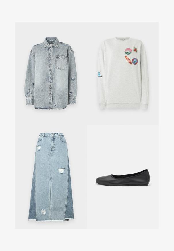 Lys grå sweatshirt med rund hals, der har fem farverige broderede lapper i forskellige former og designs på fronten og ærmet.; Lyseblå denimskjorte med lange ærmer, knaplukning foran, enkelt brystlomme og krydsbroderi detaljer på ærmerne.; Denimnederdel med en blanding af lyse og mørke blå stoffer, slidte lapper, høj talje og en frynset kant.; Sort læderballetsko med rund tå, glat tekstur, minimal syning og et fleksibelt såldesign.