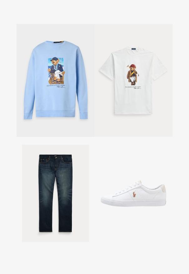 Hellblaues Sweatshirt mit einer Grafik eines Bären, der eine marineblaue Mütze, ein gestreiftes Hemd, ein Sakko und weiße Hose trägt, sitzend auf einem Stuhl auf dem Bootsdeck.; Weißes kurzärmliges T-Shirt mit einem Bären, der einen roten Helm, eine braune Jacke, weiße Hose trägt und einen Poloschläger hält.; Dunkelblaue Jeans aus Denim mit geradem Bein, dezentem Ausbleichen in Kniehöhe und orangen Ziernähten an Taschen und Nähten.; Weiße Leinensneaker im Low-Top-Design mit einem beigen Ferseneinsatz und einem kleinen gestickten Logo an der Seite. Gummisohle.