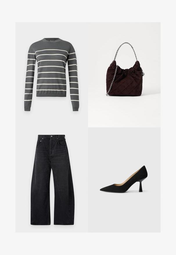 Grå sweater med lange ærmer og rund hals. Har vandrette hvide striber. Blød tekstur, ribstrikkede manchetter og linning.; Citizens of Humanity HORSESHOE - Jeans Relaxed Fit - black; Sorte ruskinds højhælede pumps med spids tå, der har en blank sort blokhæl og en glat indvendig foring.; Quiltet bordeaux ruskind taske med en samlet top, en sølv kædestrop og en vinklet form. Har et sølv hardware accent.