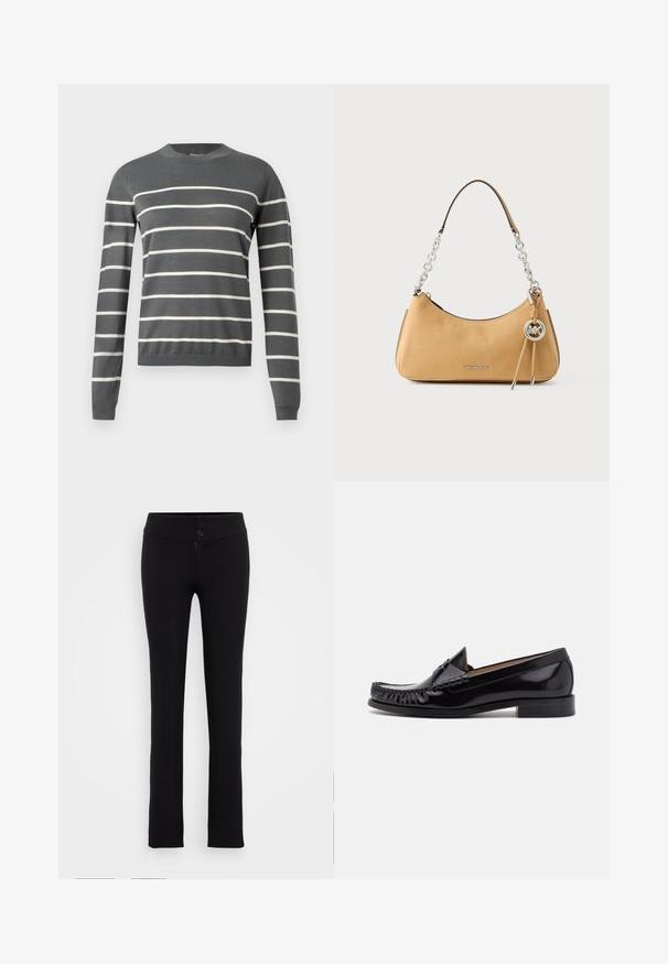 Harmaa neulepaita, jossa pitkät hihat ja pyöreä pääntie. Siinä on vaakasuoria valkoisia raitoja. Pehmeä materiaali, resorit hihansuissa ja helmassa.; Gina Tricot Tall LOW STRAIGHT TROUSERS - Housut - black; Musta nahkakengät, joissa on kiiltävä pinta, edessä franja-yksityiskohtia ja matala pinottu korko.; Vaaleanruskea Michael Kors -nahkalaukku hopeaketjukahvalla, logoriipuksella ja "MICHAEL KORS" -kirjailulla edessä.