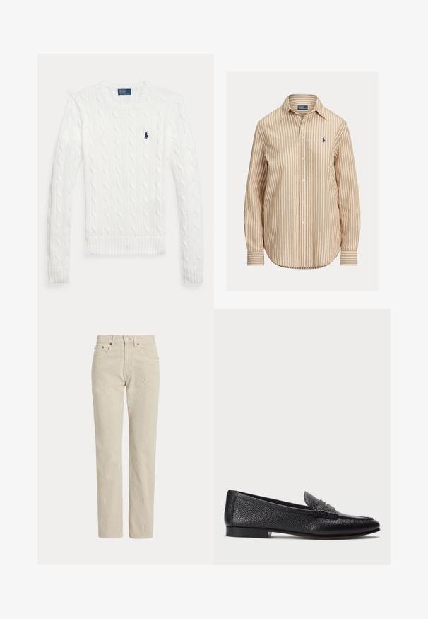 Hvid kabelstrikket trøje med lange ærmer, rund halsudskæring og en lille mørkeblå Polo Ralph Lauren-logo på venstre bryst.; Stribet skjorte med knapper, med et khaki- og hvidt mønster, lange ærmer, spids krave og et lille logo på venstre bryst. Bomuldsstof.; Beige, lige-benede fløjlsbukser med bæltestropper, frontknap, lynlås og frontlommer.; Sorte læder loafers med struktureret finish, der har en dekorativ rem og flad hæl. Slank, minimalistisk design med rund tå.