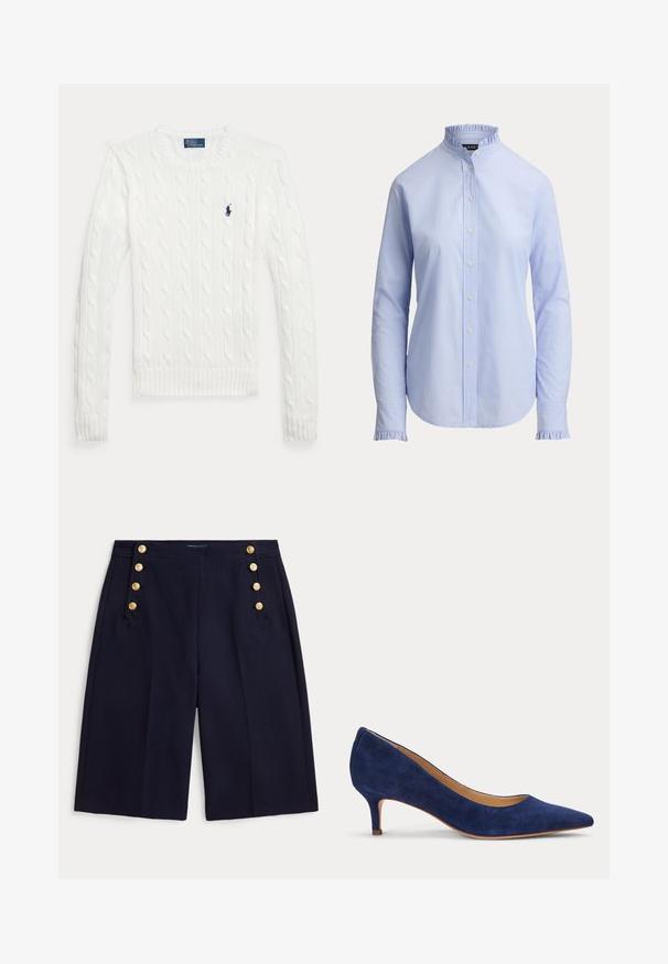 Valge soonikkoes pika varrukaga kampsun ümara kaelusega ja väikese mereväe sinise Polo Ralph Laureni logoga vasakul rinnal.; Hele sinine naiste pluus pikkade varrukatega, volditud kõrge kraega ja mansettidega, ees nööpkinnitusega ja keha järgi õmmeldud lõikega.; Tumesinised põlveni ulatuvad lühikesed püksid laiade säärtega ja dekoratiivsete kuldsete nööpidega eesmistel taskutel.; Tumesinine seemisnaiste terava ninaga madalad kassikandadega kingad heledal ühtlasel taustal.