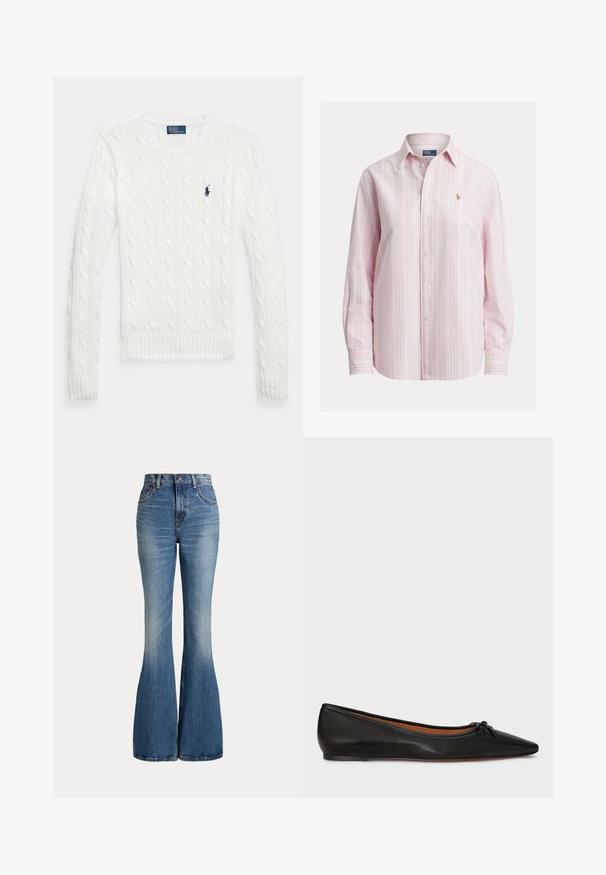 Jersey blanco de punto grueso con mangas largas, cuello redondo y un pequeño logo Polo Ralph Lauren azul marino en el pecho izquierdo.; Camisa de manga larga con botones en rosa claro con rayas blancas y azules, con un pequeño logo bordado en el pecho, hecha de tela de algodón.; Vaqueros de mezclilla azul de talle alto con piernas acampanadas y ligero desgaste en la zona delantera del muslo, mostrados sobre fondo blanco.; Bailarina de cuero negro con punta afilada, silueta delgada y un pequeño lazo en la parte frontal. Textura lisa y diseño minimalista.