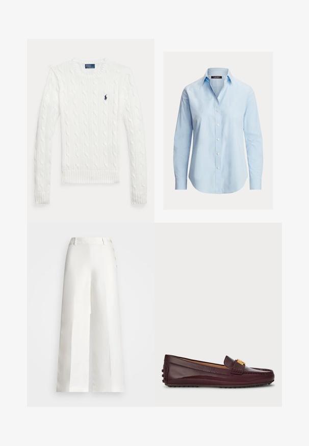 Witte kabelgebreide trui met lange mouwen, een ronde hals en een klein marineblauw Polo Ralph Lauren-logo op de linkerborst.; Lichtblauw overhemd met lange mouwen, kraag, witte knopen en een subtiel logo op het linkerborstgebied.; Lauren Ralph Lauren BASHRALLE CROPPED FLAT FRONT - Broek - white; Bordeaux leren instappers met een glanzende afwerking, voorzien van een gouden hardware accent, een ronde neus en een gestructureerde rubberen zool.