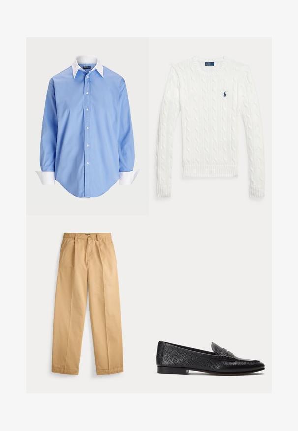Biely sveter s dlhými rukávmi s vrkočovým vzorom, okrúhlym výstrihom a malým tmavomodrým logom Polo Ralph Lauren na ľavej strane hrudníka.; Svetlomodrá košeľa na gombíky s dlhými rukávmi a bielym kontrastným golierom. Má hladkú textúru a päť predných gombíkov.; Béžové nohavice s rovným strihom, zapínaním na gombík a zips, prednými vreckami, pútkami na opasok a vyžehlenými skladmi na nohaviciach.; Čierny textúrovaný kožený mokasín s nízkym podpätkom a klasickým remienkom na mincu, zobrazený z profilu na jednoduchom svetlom pozadí.