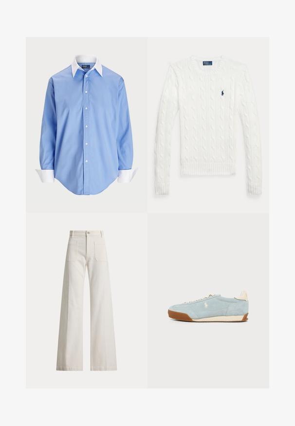 Valge soonikkoes pika varrukaga kampsun ümara kaelusega ja väikese mereväe sinise Polo Ralph Laureni logoga vasakul rinnal.; Hele helesinine nööpidega särk, millel on valge kontrastne krae. Omab siledat tekstuuri ja viit esist nuppu.; Kõrge vöökohaga laia säärega valged püksid esiteks tikitud taskute, vööaasade ja ees oleva nööpkinnitusega.; Hele sinist seemisnahast toss beige aktsentide, pruuni tallaga ja küljele tikkitud valge hobuse logoga, näidatud profiilis lihtsal taustal.