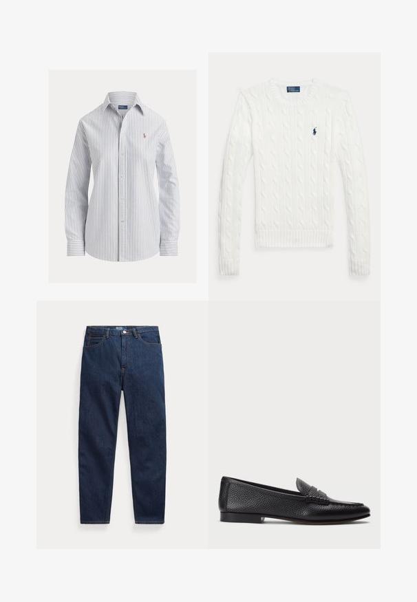 Valge soonikkoes pika varrukaga kampsun ümara kaelusega ja väikese mereväe sinise Polo Ralph Laureni logoga vasakul rinnal.; Valge nööpidega särk õhukeste vertikaalsete siniste triipudega, pikad varrukad, terava kraega ja väikese tikitud logoga rinnal.; Tumerohelised teksapüksid, millel on viis taskut, nööpidega kinnis ning sirged sääred, asetatud valgele taustale.; Must värvi nahast loafer tekstureeritud viimistlusega, dekoratiivse rihmaga ja madala kanna ning sileda, minimalistliku disainiga ümmarguse ninaga.