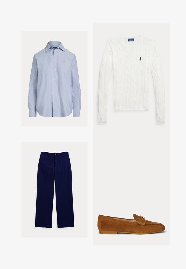 Biely sveter s dlhými rukávmi s vrkočovým vzorom, okrúhlym výstrihom a malým tmavomodrým logom Polo Ralph Lauren na ľavej strane hrudníka.; Svetlomodrá košeľa s dlhým rukávom na gombíky, so špicatým golierom a malým vyšitým logom na ľavej strane hrude.; Námornícka modrá rovná nohavica s pútkami na opasok, predným zapínaním na gombíky a bočnými vreckami na bielom pozadí.; Hnedý semišový mokasín s detailom zlatej kovovej pracky na vrchu a nízkou podpätkovou podrážkou.