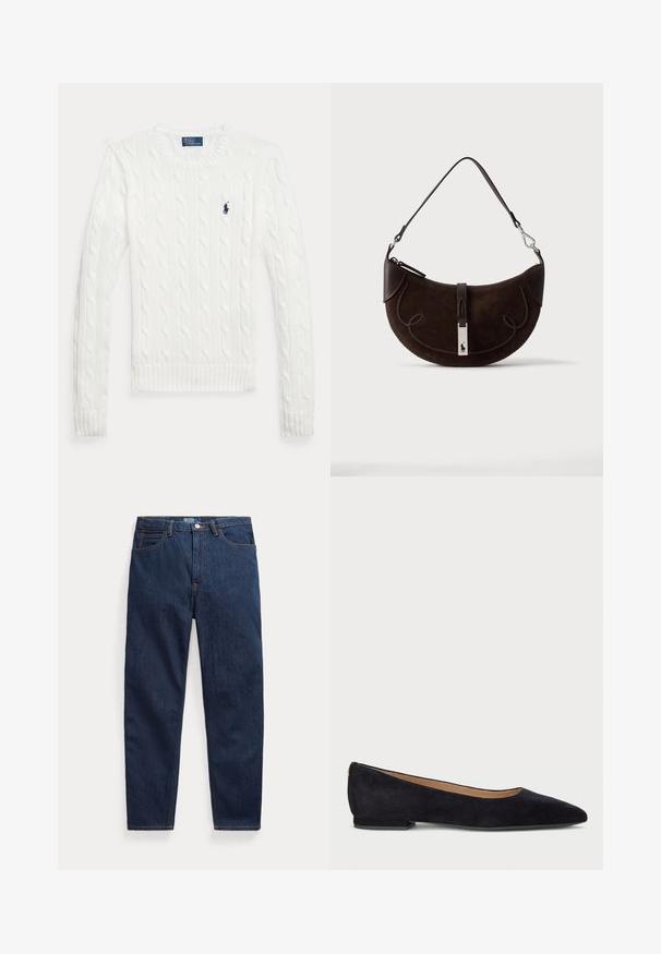 Hvid kabelstrikket trøje med lange ærmer, rund halsudskæring og en lille mørkeblå Polo Ralph Lauren-logo på venstre bryst.; Mørkeblå denimjeans med fem lommer, knaplukning og lige ben, lagt fladt på en hvid baggrund.; Sorte ruskinds balletflade med spids tå, flad hæl og en glat, struktureret overflade. Diskret guldaccent ved hælen.; Mørkebrun måneformet ruskindstaske med flettet kant, læderrem og en sølvspænde med en lille hestelogo.