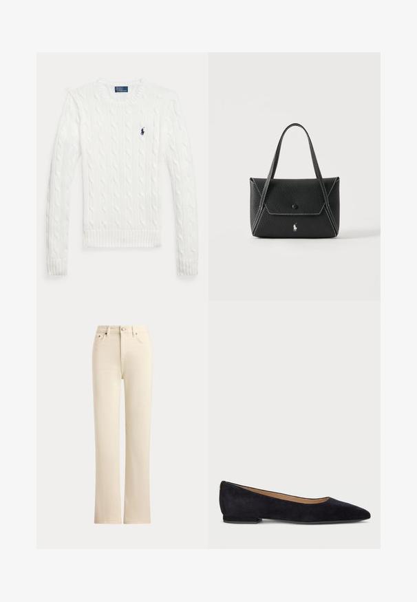 Valge soonikkoes pika varrukaga kampsun ümara kaelusega ja väikese mereväe sinise Polo Ralph Laureni logoga vasakul rinnal.; Kreemivärvilised sirgete säärtega teksad ees nööbiga kinnitusega ja viie taskuga lihtsal taustal.; Mustad sametist balletijalatsid terava varbaga, sileda lame kontsaga ja sujuva tekstuuriga pinnaga. Peen kuldne aktsent kontsas.; Mustast nahast käekott kahe sangaga, esiklapiga, millel on nööbi sulgur, valged õmblused ja väike hobuse logo ühevärvilisel taustal.