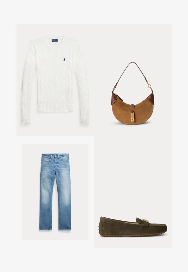 Biely sveter s dlhými rukávmi s vrkočovým vzorom, okrúhlym výstrihom a malým tmavomodrým logom Polo Ralph Lauren na ľavej strane hrudníka.; Svetlomodré rovné rifle s miernym vyblednutím, dizajn s piatimi vreckami a viditeľnou značkou Polo na páse.; Tmavozelený semišový loafer s gumovými výstupkami na podrážke a päte, zlatý prackový detail navrchu a nízkym podpätkom na bežné nosenie.; Hnedá semišová kabelka v tvare polmesiaca s tmavohnedými koženými detailmi, zlatými kovaniami a krátkym ramenným popruhom.