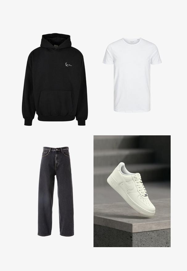Sudadera con capucha negra de algodón, con un bolsillo frontal, puños acanalados y un logo blanco en el lado izquierdo del pecho.; Camiseta de manga corta y cuello redondo en blanco sólido, fabricada en algodón suave, presenta un diseño simple sin patrones ni acentos visibles.; Pantalones vaqueros de mezclilla gris oscuro con un diseño holgado y de pierna recta, que cuentan con cinco bolsillos, costuras claras y un cierre de botón en la cintura.; Zapatilla deportiva de cuero blanco con diseño de perfil bajo, superficie texturizada, perforaciones en la punta y detalles plateados en los cordones y la marca.