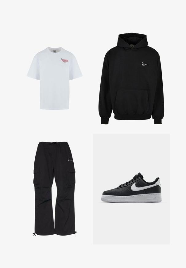 Zwarte hooded sweatshirt van katoen, met een voorzak, geribde manchetten en een witte handtekeninglogo op de linkerborst.; Witte katoenen t-shirt met een ronde hals, korte mouwen en een kleurrijke graphics patch op de linkerborst met tekst en patronen.; Zwarte cargobroek van lichtgewicht stof, met een elastische tailleband met koord, zijzakken en verstelbare manchetten.; Zwarte lederen sneaker met een textuur oppervlak, witte Nike swoosh, grijze zool, ronde neus en vetersluiting. Bevat perforaties op de neus.