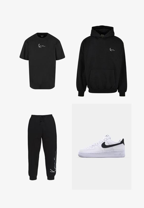 Zwarte hooded sweatshirt van katoen, met een voorzak, geribde manchetten en een witte handtekeninglogo op de linkerborst.; Zwarte katoenen t-shirt met korte mouwen, ronde hals en een witte handtekeninglogo gedrukt op de voorkant. Soepele textuur en een ontspannen pasvorm.; Zwarte sweatpants van katoen, met een elastische tailleband en trekkoord, taps toelopende pijpen en een wit logo op de linkerkant.; Witte leren sneaker met een gestructureerde zwarte Swoosh, platte veters en een rubberen zool met een geribbeld patroon. "AIR" is in de hak geperst.