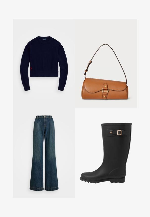 Navy blauwe cropped trui gemaakt van zacht breimateriaal, met een geribbelde kraag en zoom, en een rood geborduurd polo-logo op de onderkant links.; Donkerblauwe wijdvallende spijkerbroeken van denim, met een hoge taille, geplooide voorkant en gestikte zoom. Metalen knoop- en ritssluiting.; Zwarte rubberen regenlaars met een ronde neus, een gestructureerde zool en een zijklepdetail met een gouden gespaccents.; Bruine leren handtas met een gebogen vorm, verstelbare schouderriem en gouden hardware. Heeft een klep sluiting en zichtbare stiksels.