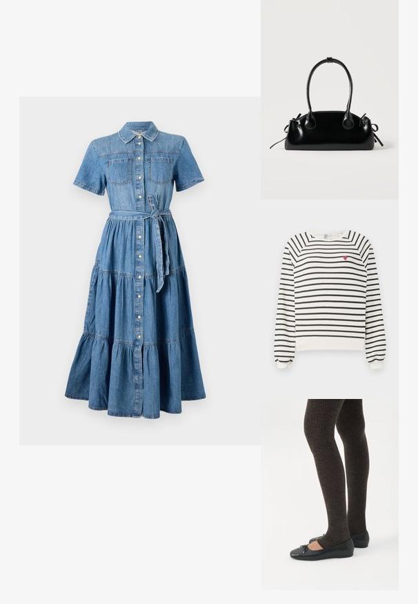 Sweatshirt rayé en blanc cassé et noir avec des manches raglan, un col rond et une petite broderie en forme de cœur rouge sur la poitrine. Tissu doux.; Robe en denim avec un col, des manches courtes, deux poches avant, un devant à boutons, une ceinture à la taille et un design de jupe à volants en bleu.; Jambes portant des leggings côtelés foncés associés à des ballerines noires avec de petits détails en nœud sur fond blanc.; Petit sac à main noir brillant avec deux longues anses et des détails à cordon sur les côtés sur un fond clair uni.