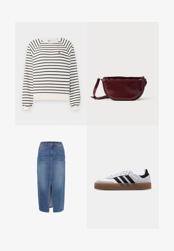 Sweatshirt rayé en blanc cassé et noir avec des manches raglan, un col rond et une petite broderie en forme de cœur rouge sur la poitrine. Tissu doux.; Jupe en denim avec une fente avant, mi-longue, dans un délavage bleu clair à moyen. Comprend cinq poches et une taille avec passants de ceinture.; Baskets en cuir blanc avec des rayures noires, semelle extérieure en caoutchouc beige, bout rond, fermeture lacée et embout en suède gris doux.; Sac à main en cuir marron foncé avec une forme en demi-lune, une fermeture éclair et une bandoulière amovible. Texture lisse avec un léger éclat.