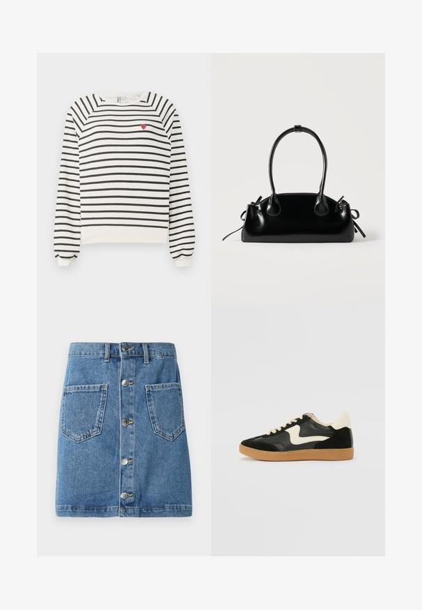 Gestreepte sweatshirt in off-white en zwart met raglanmouwen, ronde halslijn en kleine rode hartborduursel op de borst. Zacht materiaal.; Jeansrok in een lichtblauwe tint, met een sluiting met knopen aan de voorkant, twee opgestikte zakken en een rechte snit. De stof heeft een klassieke textuur.; Zwarte suède en leren sneaker met een crèmekleurige zij-swoosh en lichte crèmekleurige hiel. Voorzien van beige veters en een gumrubberen zool.; Kleine zwarte glanzende handtas met twee lange hengsels en zijkant trekkoord details op een effen lichte achtergrond.