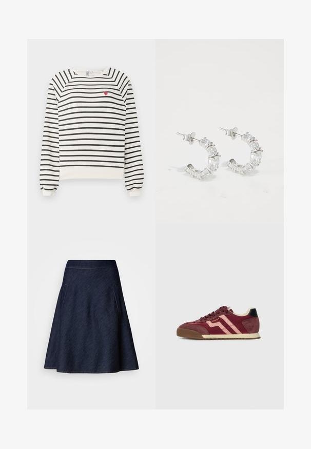Stribet sweatshirt i off-white og sort med raglanærmer, rund halsudskæring og lille rød hjertebroderi på brystet. Blødt stof.; Mørk denim A-line nederdel med en mellemhøj talje, to sidelommer og kontrasterende syninger langs kanterne. Glat tekstur.; GANT BEYLANA - Sneakers - port wine/dusty pink; Sølv hoops øreringe med klare runde og rektangulære rhinsten, med et struktureret design og sikker stud-backing.