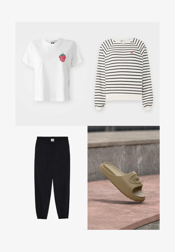 Raidallinen collegepaita off-white ja mustana, raglanhihoilla, pyöreällä kaula-aukolla ja pienen punaisen sydämen brodeerauksella rinnassa. Pehmeä kangas.; Valkoinen puuvillapaita, jossa on lyhyet hihat ja pyöreä pääntie, ja jossa on punainen ja vihreä brodeerattu mansikka sekä teksti "BERRY CUTE."; Mustat löysät housut, joissa on joustava vyötärö ja säädettävä naru. Silkkinen pinta, kapenevat lahkeet ja joustavat resorit nilkoissa.; Beige värinen kuminen liukusandaali, jossa avoin varvasosa, teksturoitu pohja ja kohokuvioitu yläosa, pyöristetyt reunat ja sileä viimeistely.