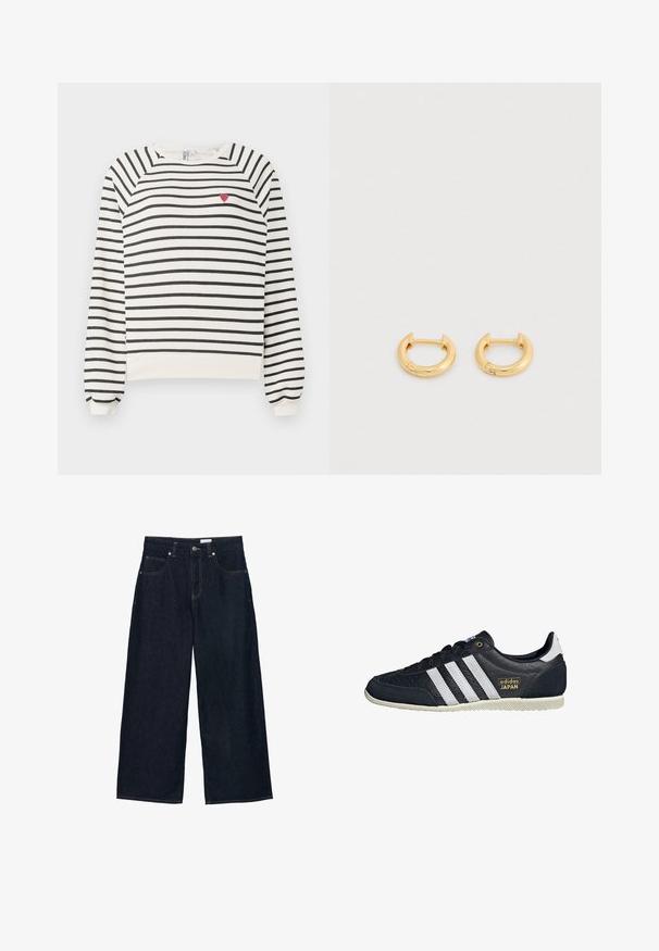 Stribet sweatshirt i off-white og sort med raglanærmer, rund halsudskæring og lille rød hjertebroderi på brystet. Blødt stof.; Bredbenede mørk denimjeans med høj talje, der har fem lommer, kontrastsyninger og lukning med knap foran.; Sorte lædersneakers med tre hvide striber, en struktureret finish, guld "adidas JAPAN" logo og en gummisål med grebmønster.; Øreringe i guldbøjle med en glat, skinnende overflade. De har en cirkulær form med en lille åbning til lukning. Simpelt design, minimale accenter.