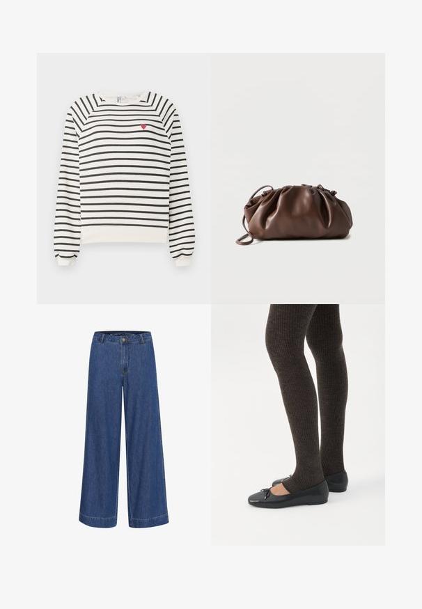 Gestreepte sweatshirt in off-white en zwart met raglanmouwen, ronde halslijn en kleine rode hartborduursel op de borst. Zacht materiaal.; Wijduitlopende denim broek in donkerblauw. Gemaakt van katoen, met een knoopsluiting, voorzakken en een nette zoom.; Benen met donkere geribbelde leggings gecombineerd met zwarte ballerina's met kleine strikdetails op een witte achtergrond.; Zachte bruine leren tas met samengevouwen bovenkant en smalle riem, liggend op een witte achtergrond.