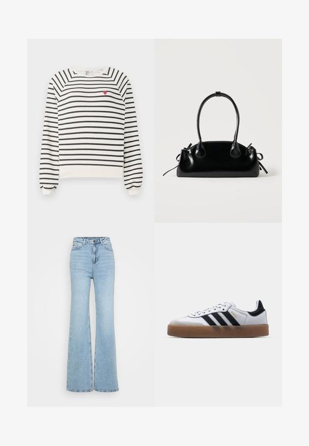 Sweatshirt rayé en blanc cassé et noir avec des manches raglan, un col rond et une petite broderie en forme de cœur rouge sur la poitrine. Tissu doux.; Jean évasé bleu clair en denim, avec une taille haute, un design à cinq poches et un ourlet brut en bas. La texture est légèrement usée.; Baskets en cuir blanc avec des rayures noires, semelle extérieure en caoutchouc beige, bout rond, fermeture lacée et embout en suède gris doux.; Petit sac à main noir brillant avec deux longues anses et des détails à cordon sur les côtés sur un fond clair uni.