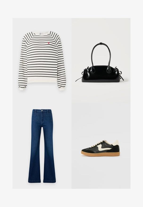 Sweatshirt rayé en blanc cassé et noir avec des manches raglan, un col rond et une petite broderie en forme de cœur rouge sur la poitrine. Tissu doux.; Jean évasé bleu foncé en denim, doté d'une taille haute, de deux poches arrière et de coutures contrastantes le long des coutures.; Baskets en daim et cuir noir avec un swoosh latéral crème et un talon crème clair. Dotées de lacets beige et d'une semelle en caoutchouc gomme.; Petit sac à main noir brillant avec deux longues anses et des détails à cordon sur les côtés sur un fond clair uni.