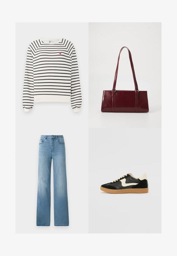Stribet sweatshirt i off-white og sort med raglanærmer, rund halsudskæring og lille rød hjertebroderi på brystet. Blødt stof.; Lyseblå højtaljede jeans med lige ben. Fremstillet af denim, med fem lommer og knaplukning.; Sorte ruskinds- og lædersneakers med en cremefarvet side-swoosh og lys cremefarvet hæl. Har beige snørebånd og en gummirubber-sål.; Bordeaux håndtaske lavet af glansfuldt materiale, rektangulær form, med to skulderremme og subtile buede detaljer på forsiden.