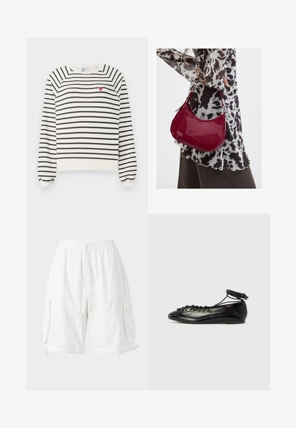 Gestreifter Pullover in Off-White und Schwarz mit Raglanärmeln, Rundhalsausschnitt und einer kleinen roten Herzstickerei auf der Brust. Weicher Stoff.; Weiße Cargo-Shorts mit elastischem Bund und Kordelzug, ausgestattet mit zwei Seitentaschen und verstellbaren Saumkordeln. Hergestellt aus leichtem Stoff.; Schwarze Ballerinas aus Lackleder mit runder Spitze, Schnürdesign und flacher Sohle. Glatte Textur mit minimaler Verzierung.; Frau trägt eine schwarz-weiß gemusterte Bluse und hält eine glänzende rote Schultertasche vor einem einfarbigen Hintergrund.