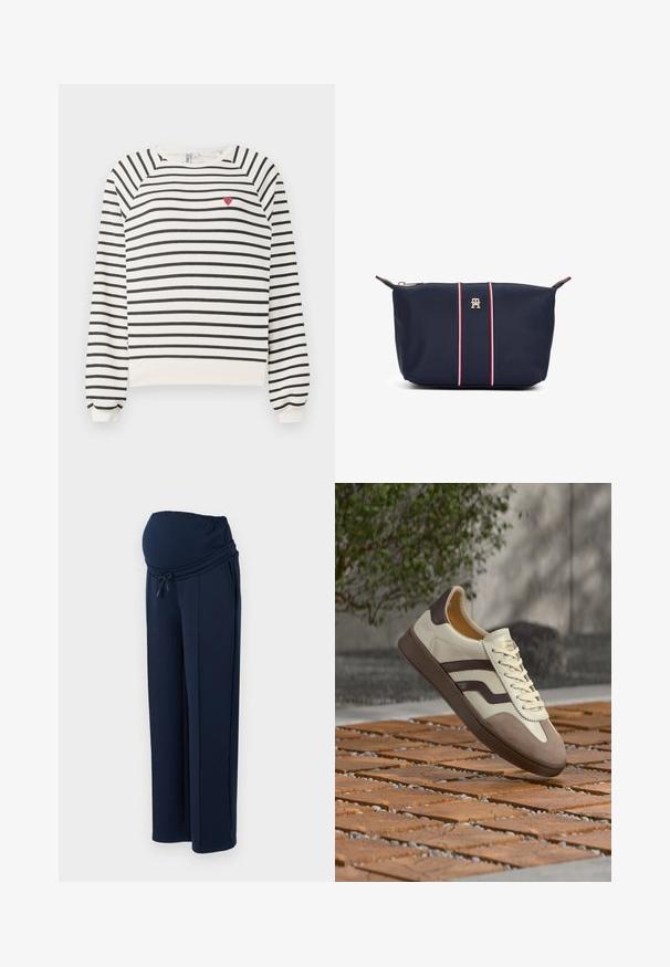 Gestreepte sweatshirt in off-white en zwart met raglanmouwen, ronde halslijn en kleine rode hartborduursel op de borst. Zacht materiaal.; Marine zwangerschapsbroek gemaakt van zachte stof, met een elastische tailleband en verstelbaar koord, voorzien van twee zijzakken voor gemak.; Crème en bruine sneaker met veters, suède neus en donkerbruine zool zwevend boven houten tegelvloer buiten.; Marineblauwe stoffen pouch met een gouden logo, met twee rood-witte strepen die verticaal langs het midden lopen, en een ritssluiting.