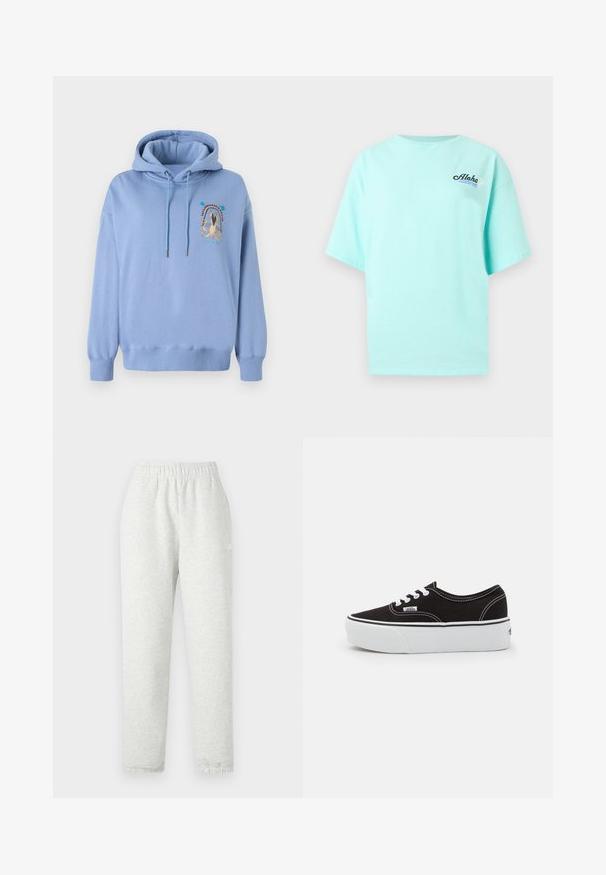 Volcom MOOVE ON - Jersey con capucha - carolina blue; Camiseta de manga corta azul claro con el texto "Aloha", gráfico de ola y una pequeña flor blanca en el lado izquierdo del pecho.; Pantalones de chándal gris claro con una cinturilla elástica, piernas cónicas y puños acanalados. Fabricados con un tejido suave y texturizado. Detalle del logo blanco en el lateral.; Zapatilla de lona negra con suela de plataforma de goma blanca, que presenta cordones y costuras blancas, con branding icónico en el lateral, diseño de corte bajo.