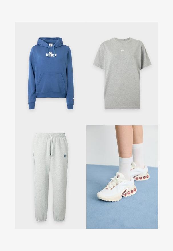 Sudadera azul con capucha con cordón, bolsillo tipo canguro delantero y logo blanco de Nike en el pecho y la manga. Hecha de tela suave y texturizada.; Camiseta gris de algodón de manga corta con cuello redondo y pequeño logo blanco de Nike swoosh centrado en el pecho.; Pantalones deportivos grises hechos de tela suave, con cintura elástica con cordón, puños ajustados y un detalle de logotipo en el muslo.; Zapatillas deportivas blancas con un upper texturizado, que presentan un acento rosa en los cordones y grandes burbujas de aire en la suela.