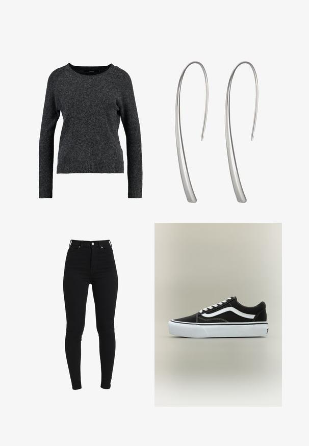 Pull en gris foncé en tissu doux et duveteux. Présente un col rond, des manches longues et une coupe décontractée avec des bords côtelés aux poignets et en bas.; Jean skinny noir taille haute en denim extensible, avec une fermeture à bouton sur le devant, un design à cinq poches et une silhouette ajustée.; Baskets basses noires avec bande blanche latérale, lacets blancs, semelle en caoutchouc blanche et bout texturé sur fond neutre.; Boucles d'oreilles pendantes en argent long avec un design élégant et allongé et une surface lisse et polie. Présente une forme courbée minimaliste.