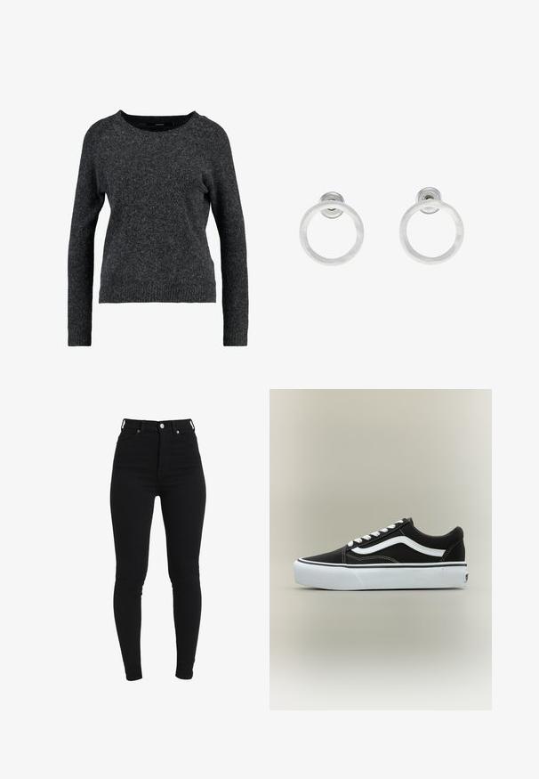 Mørkegrå sweater lavet af blødt, fuzzy stof. Har en rund halsudskæring, lange ærmer og en afslappet pasform med ribbede manchetter og kant.; Sorte højtaljede skinny jeans lavet af strækdenim, med lukning foran med knap, fem-lomme design og tætsiddende silhuet.; Lavtop sort sneaker med hvid side stribe, hvide snørebånd, hvid gummisål og tekstureret tåhætte på neutral baggrund.; Sølvmetalløreringe med en børstet tekstur, der har et cirkulært design og en klar post til sikker bæring.