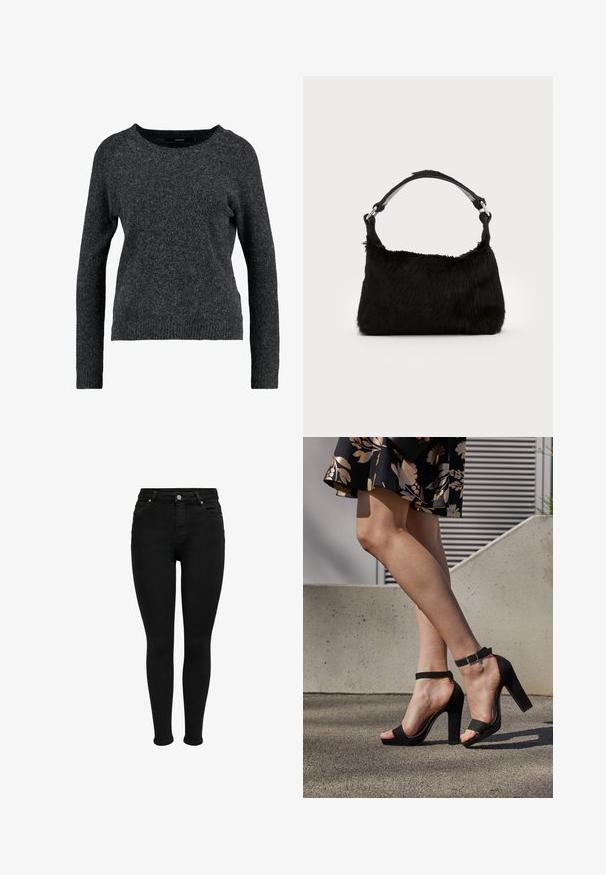 Mørkegrå sweater lavet af blødt, fuzzy stof. Har en rund halsudskæring, lange ærmer og en afslappet pasform med ribbede manchetter og kant.; Sorte højtaljede skinny jeans med forreste knap, bæltestropper og fem-lomme design, vist mod en hvid baggrund.; Sorte ruskinds høje hæle sandaler har et ankelstrop med spænde, åben tå design og en kraftig hæl. Glat tekstur og minimalistisk stil.; Sort faux fur håndtaske med en blød tekstur, rund form og en robust skulderrem i sort læder. Synlige sølvhardware-detaljer.