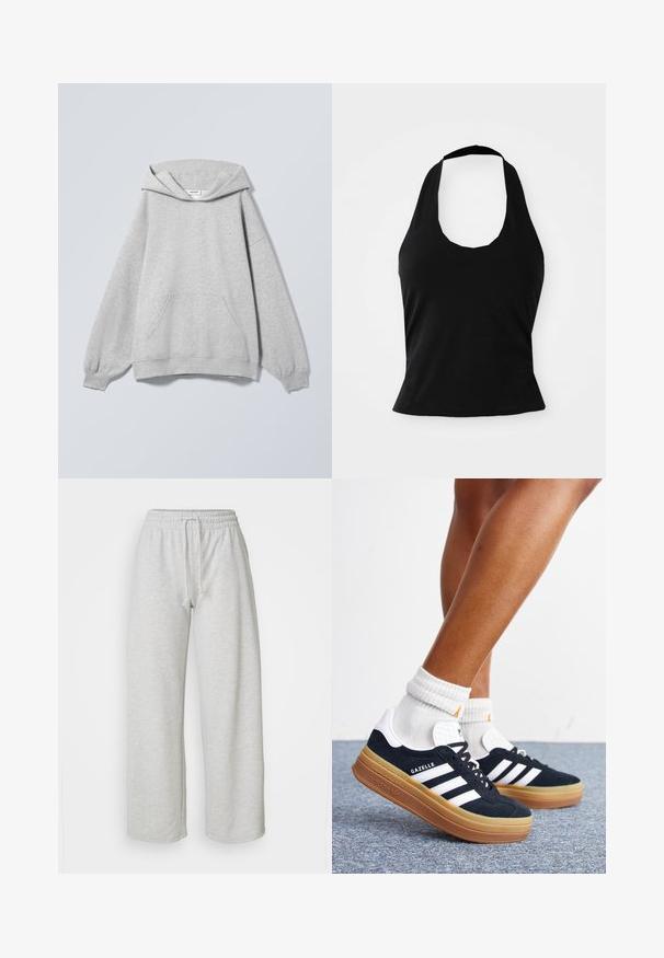 Vaaleanharmaa hupullinen collegepaita, jossa pitkät hihat, etutasku, resorireunukset ja "Weekday"-etiketti kauluksen sisäpuolella.; Mustan värinen halter top, joka on valmistettu pehmeästä kankaasta. Siinä on kaarrettu pääntie ja mukautuva siluetti, jossa on sileä pinta eikä näkyviä kuvioita.; Even&Odd Petite Verryttelyhousut - mottled light grey; Jalat pukeutuneina valkoisiin sukkiin ja mustiin Adidas Gazelle -lenkkareihin, joissa valkoiset raidat ja paksut ruskeat pohjat harmaalla matolla.