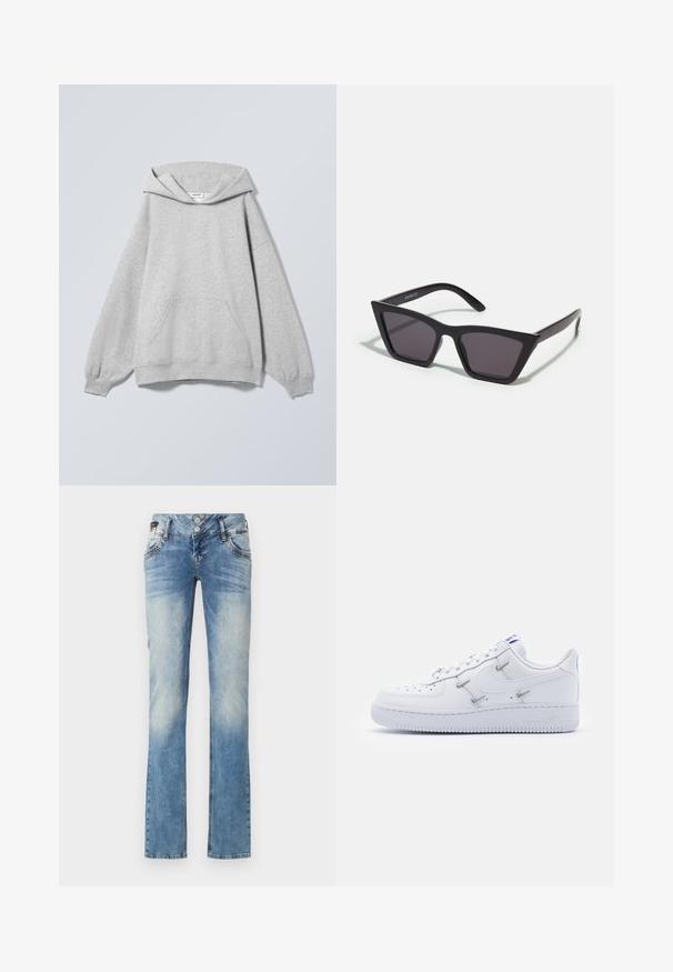 Lysegrå hættetrøje med lange ærmer, forlommer, ribkanter og et "Weekday"-mærke inde i kraven.; Lyseblå denimjeans med lige ben-design, der har en fem-knaps lukning, forlommer og subtile falme-detaljer.; Nike Sportswear AIR FORCE 1 - Sneakers - white/hyper royal/black; Sorte, kantede solbriller med grå linser; lavet af plast, med tykke stænger med en glat overflade og ingen synlig hardware.
