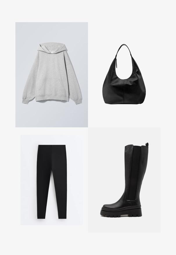 Lysegrå hættetrøje med lange ærmer, forlommer, ribkanter og et "Weekday"-mærke inde i kraven.; Sorte tætsiddende leggings med højt liv og glat stof, vist fladt mod en hvid baggrund.; Sorte knæhøje støvler lavet af glat læder med elastiske sidepaneler, chunky platformsål og ribbet tekstur i bunden.; Sort læder slouchy hobo-håndtaske med en enkelt bred rem og en lynlåsdetalje på en ensfarvet hvid baggrund.