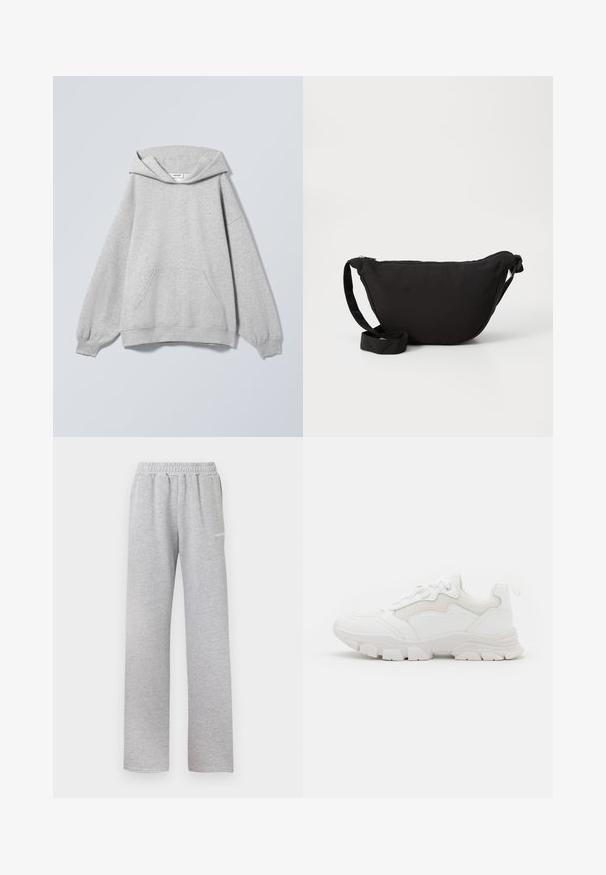 Lysegrå hættetrøje med lange ærmer, forlommer, ribkanter og et "Weekday"-mærke inde i kraven.; Lys grå sweatpants med elastisk talje, lige ben design og et lille hvidt logo på venstre lår. Blødt, tekstureret stof.; NA-KD Sneakers - white; Sort hobo taske lavet af blødt stof, med en buet form, lynlåslukning og en bred justerbar rem. Glat tekstur uden mønstre.