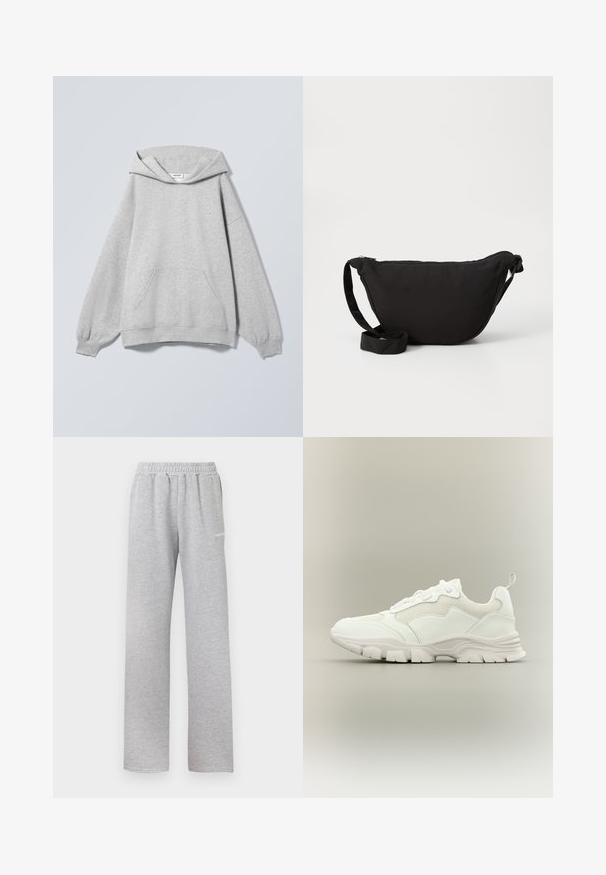 Lysegrå hættetrøje med lange ærmer, forlommer, ribkanter og et "Weekday"-mærke inde i kraven.; Lys grå sweatpants med elastisk talje, lige ben design og et lille hvidt logo på venstre lår. Blødt, tekstureret stof.; Hvid atletisk sneaker med mesh og læderoverdel, chunky sål og trækflig ved hælen, vist i sideprofil på neutral baggrund.; Sort hobo taske lavet af blødt stof, med en buet form, lynlåslukning og en bred justerbar rem. Glat tekstur uden mønstre.