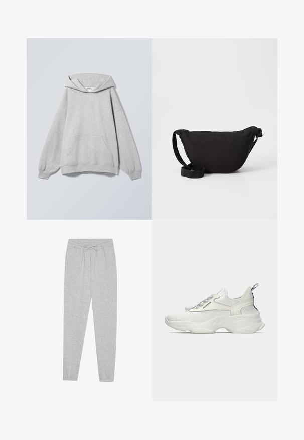 Sudadera con capucha de color gris claro, manga larga, bolsillo tipo canguro delantero, puños acanalados y etiqueta "Weekday" en el interior del cuello.; Pantalones de chándal grises con una textura suave, cinturilla elástica y detalle de cordón. Diseño de pierna ajustada con un ajuste casual.; Zapatilla blanca de punto con suela gruesa, cierre de cordones con regulador, tira en el talón y detalles texturizados en la mediasuela, mostrada en vista lateral.; Bolso hobo negro de tela suave, con forma curva, cierre de cremallera y una amplia correa ajustable. Textura suave sin patrones.