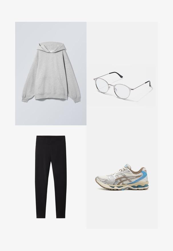 Sudadera con capucha de color gris claro, manga larga, bolsillo tipo canguro delantero, puños acanalados y etiqueta "Weekday" en el interior del cuello.; Leggings negros con una cinturilla elástica gruesa. Hechos de un material suave y elástico, ajustados para un silueta entallada y sin patrones visibles.; Zapatilla de running blanca y beige con detalles azules, parte superior de malla, suela acolchada y diseño con cordones, mostrada desde el lado exterior.; Gafas de sol plateadas metálicas con lentes redondos y un marco delgado. Las puntas de las patillas en negro aportan contraste. Incluyen almohadillas nasales ajustables.