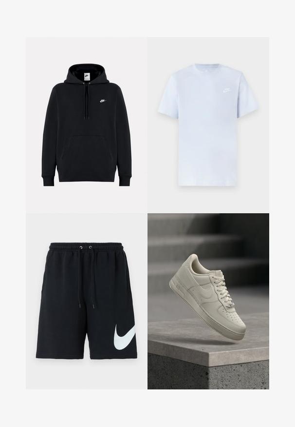 Sudadera con capucha negra de Nike con bolsillo frontal, capucha con cordón y pequeño logo blanco de Nike en el pecho izquierdo.; Camiseta de algodón de color azul claro con mangas cortas, cuello redondo y un logo blanco de Nike impreso en el pecho izquierdo. Textura suave, diseño sencillo.; Shorts de algodón negros con cinturilla elástica, cordón, bolsillos laterales y un gran logo blanco de Nike impreso en el lado izquierdo.; Una zapatilla beige con cordones flota sobre una superficie de hormigón gris, el logo de Nike es visible y el fondo de la escalera está desenfocado.