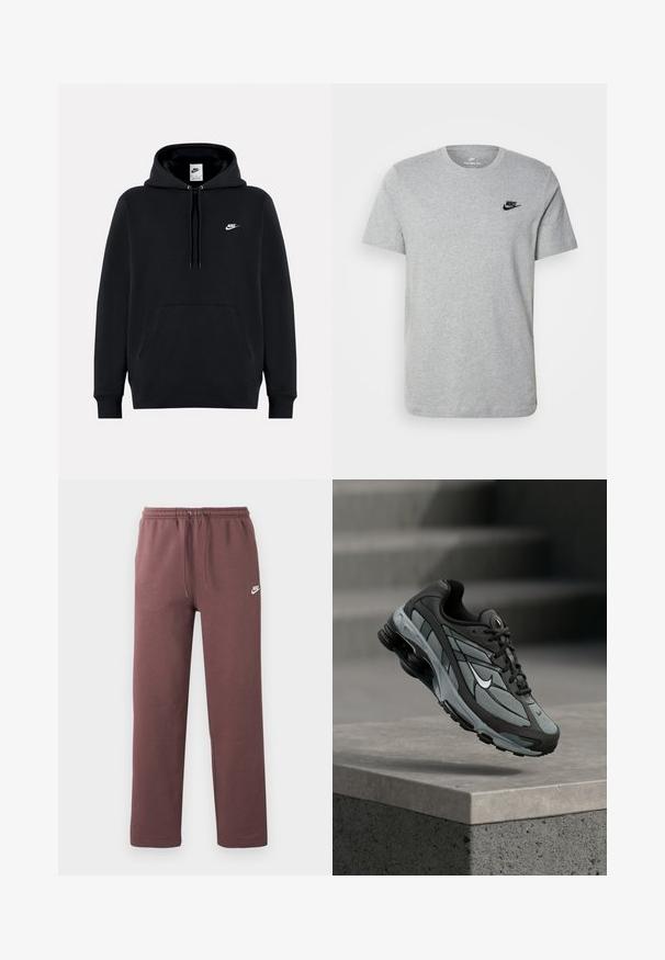 Μαύρο φούτερ Nike με τσέπη μπροστά, κουκούλα με κορδόνια και μικρό λευκό λογότυπο Nike στο αριστερό στήθος.; Γκρι κοντομάνικη μπλούζα φτιαγμένη από βαμβάκι, με μαύρο λογότυπο Nike στο στήθος και στρογγυλή λαιμόκοψη. Μινιμαλιστικός σχεδιασμός χωρίς μοτίβα.; Καφέ φόρμα Nike με ελαστική μέση και κορδόνι, με μικρό λευκό λογότυπο Nike στο αριστερό μηρό.; Γκρι και μαύρο αθλητικό παπούτσι με πλέγμα και χοντρή σόλα, τοποθετημένο στον αέρα πάνω από ένα τσιμεντένιο περιθώριο με σκάλες στο βάθος.