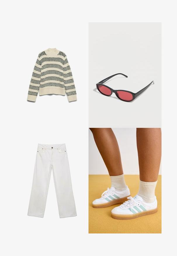 Kræmfarvet strikket sweater med sorte vandrette striber. Har en ribbet halslinning og manchetter, tekstureret stof med et groft strikkemønster.; Hvide jeans med vide ben, frontknap og lynlås, fem-lomme design og synlige sømme på en ensfarvet baggrund.; Hvite sneakers med mintgrønne striber, gummisål og snørebånd, parret med ribbede cremefarvede sokker. Sat mod en gul baggrund.; Sorte ovale solbriller med tynde arme og rødtonede linser, der ligger på en hvid overflade.