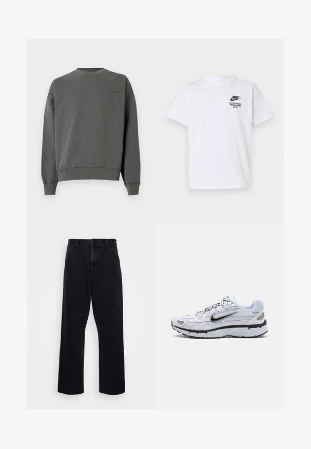 Grå crewneck sweatshirt lavet af blød bomuld, med ribbet manchetter og kant, og med et lille logo broderet på brystet.; Hvid Nike T-shirt med korte ærmer med sort "Nike" logo og teksten "Kun autoriseret personale" på venstre bryst.; Sorte denimbukser med lige ben, der har en knap- og lynlåslukning, bæltestropper og minimale syninger.; Hvide løbesko med mesh-overdel, rund tå, sorte accenter og mønstret sål. Har snøring og branding på siden.