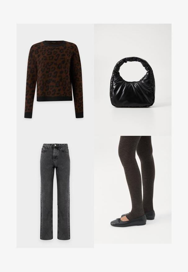 Brun langærmet sweater med sort leopardmønster, sorte ribtrådede manchetter og kant samt en sort ribstrikket rund hals.; Grå denim lige ben jeans med en falmet finish, fem lomme design og knap-gylp lukning. Har klassisk syning langs sømmene.; Ben iført mørke ribbede leggings kombineret med sorte balletsko med små sløjfedetaljer på hvid baggrund.; Sort polstret håndtaske med et rundt håndtag, der har en glat, skinnende overflade og en blød, kviltet tekstur. Ingen synlige hardware eller accenter.
